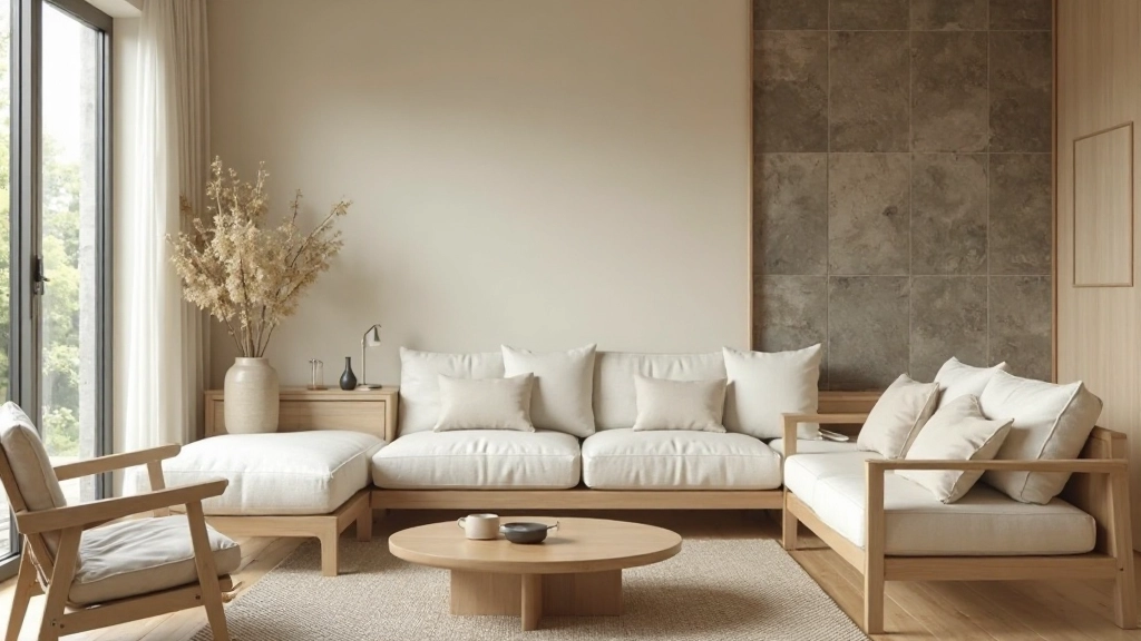 複数の自然素材が調和した落ち着きのあるリビングルーム、木、リネン、石の組み合わせ