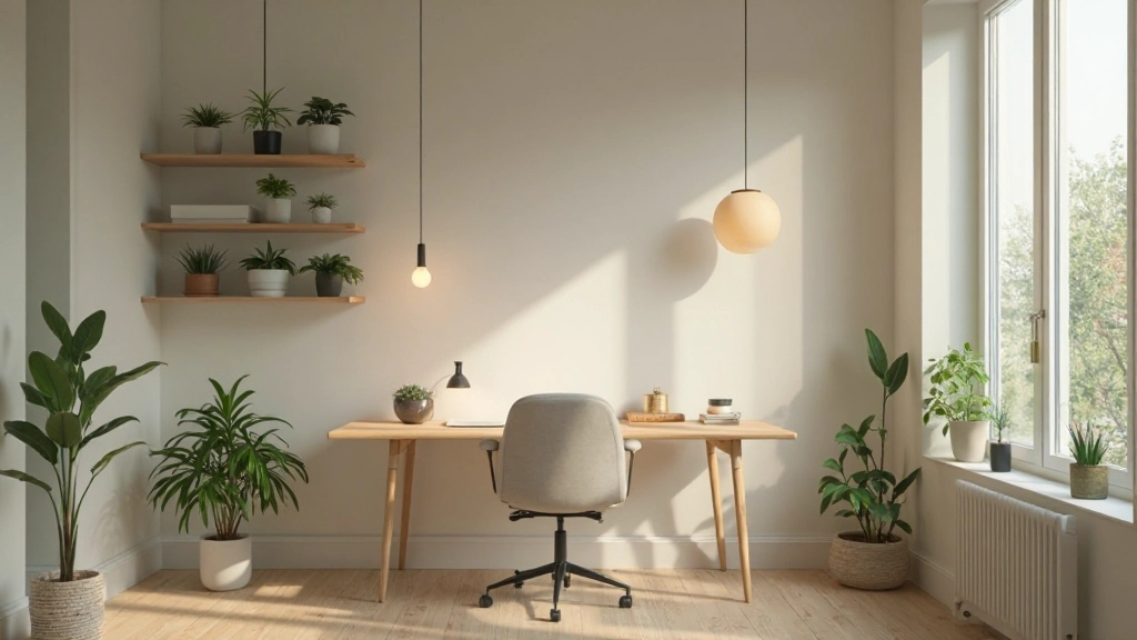 照明と観葉植物で雰囲気を整えたホームオフィス、集中できる落ち着いた環境