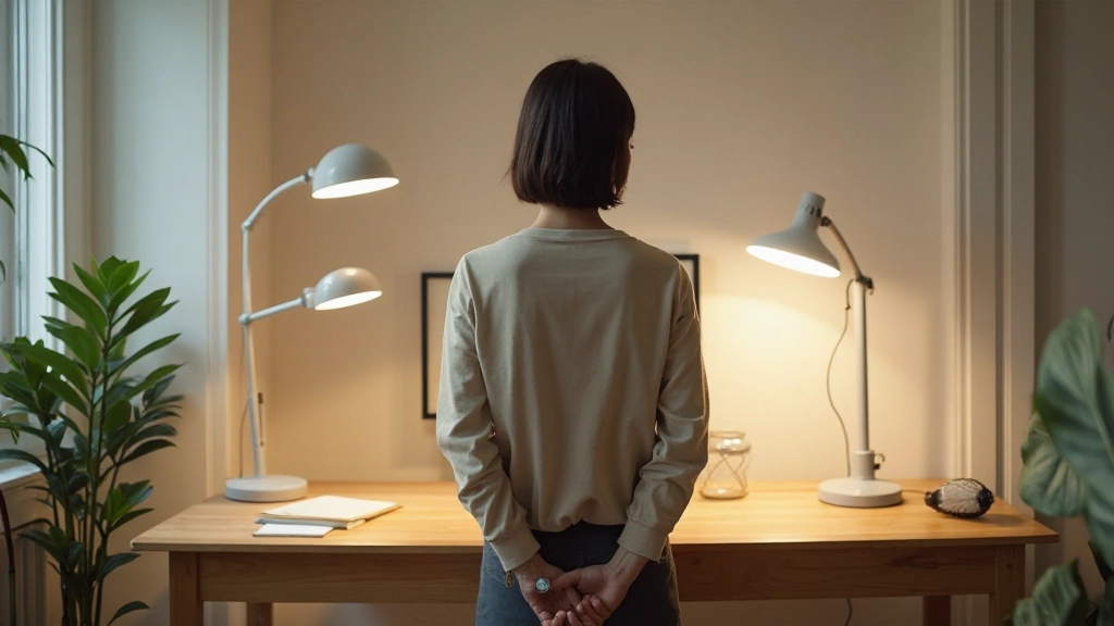 異なる予算レベルの照明製品がホームオフィスに設置されている様子、シンプルなデスクライトから高機能なスマート照明までの比較