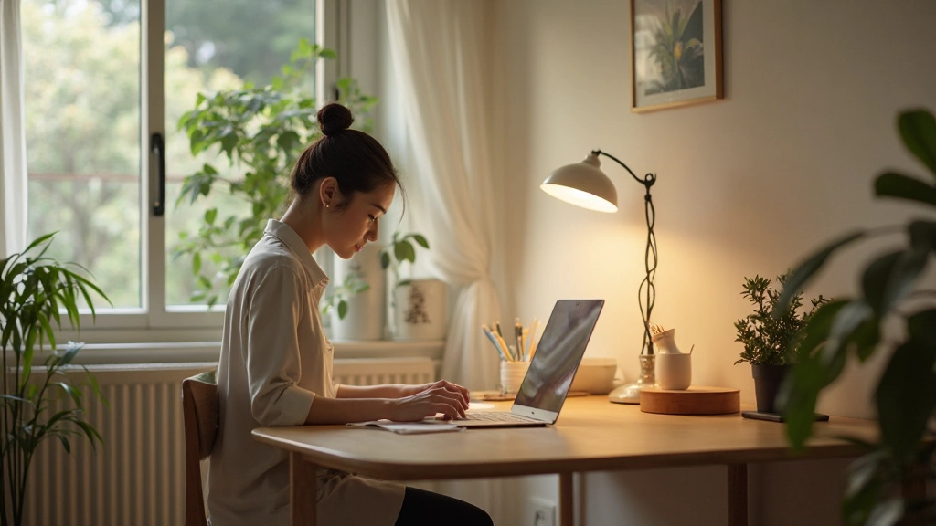 窓からの自然光と人工照明が調和したホームオフィス、時間帯による光の変化を視覚的に表現した空間