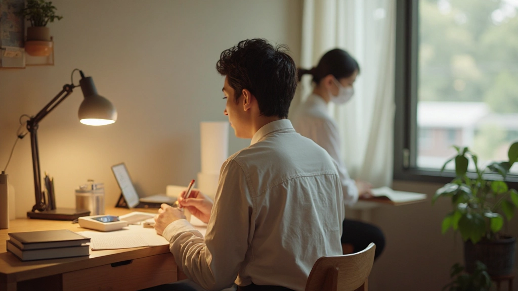 ナチュラルな木製デスク上にデスクライトを配置した落ち着いたホームオフィス空間、自然光が差し込む窓