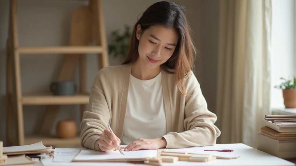 素材見本を比較検討する室内デザイナーの作業風景、木製パレットと生地サンプルが配置された机上