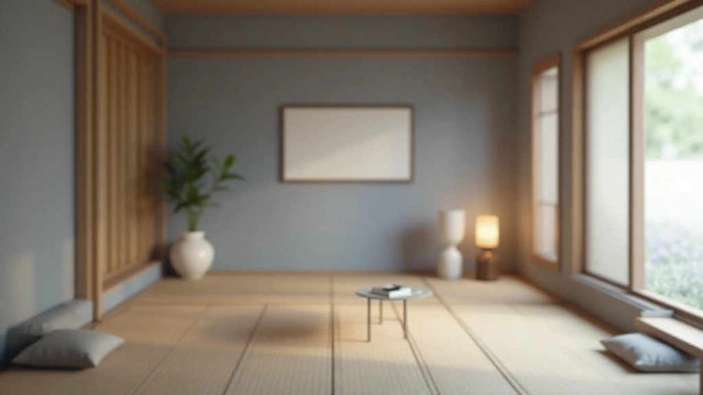 和のミニマリズムに基づいた瞑想空間、障子と木製家具の調和