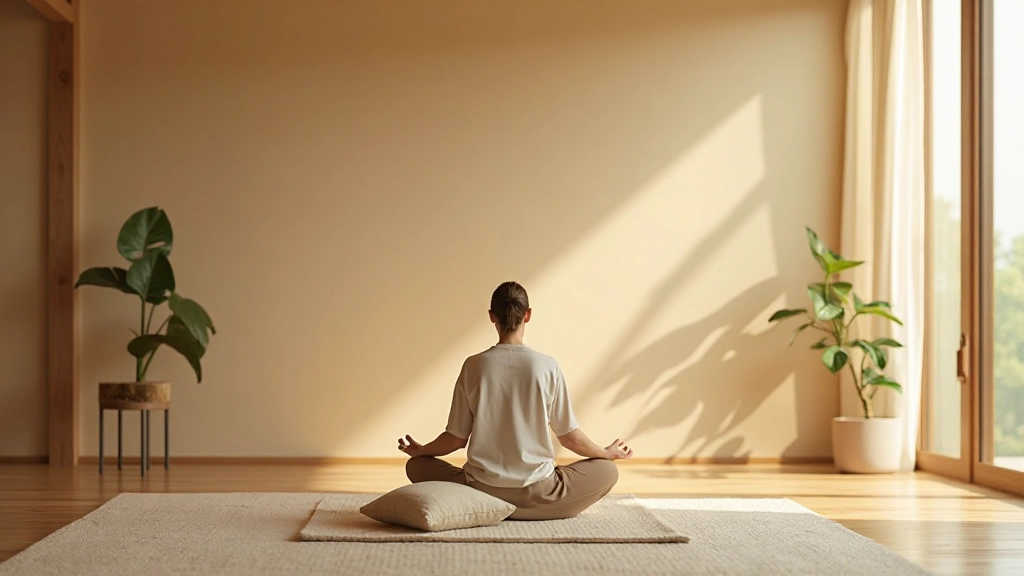 ベージュ色の壁に観葉植物と木製スツール、瞑想用の座布団がある落ち着きスペース