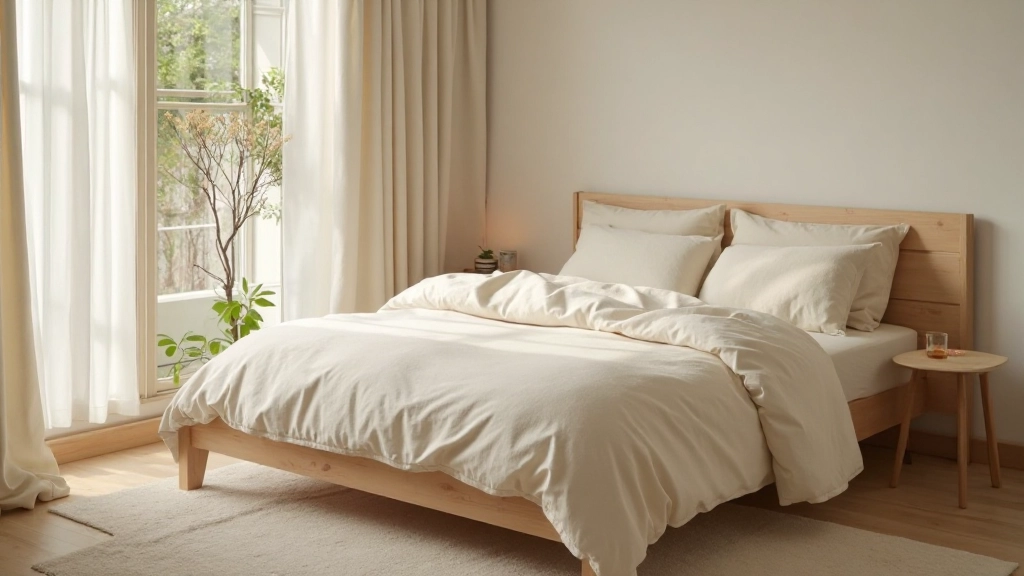 ナチュラル素材が統一されたベッドルーム、木製ベッドフレームと麻の照明、和紙の壁