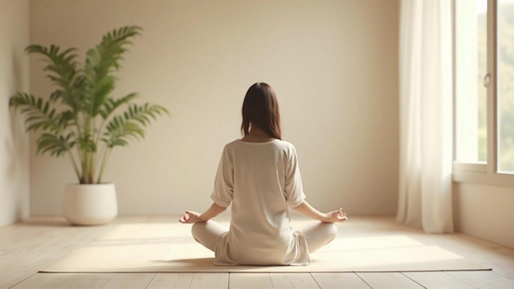 自然光が差し込む落ち着いたベージュと白を基調とした瞑想スペース、座蒲と観葉植物がある